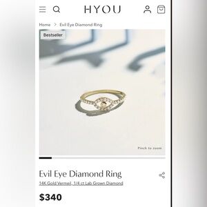 Evil Eye Diamond Ring 14K Gold Vermeil, 1/4 ct Lab Grown Diamond -Size 7 -New!